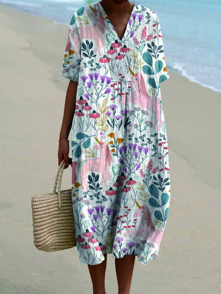 Women's Vintage Cute Horses Floral Art Print Casual Flowy Dress