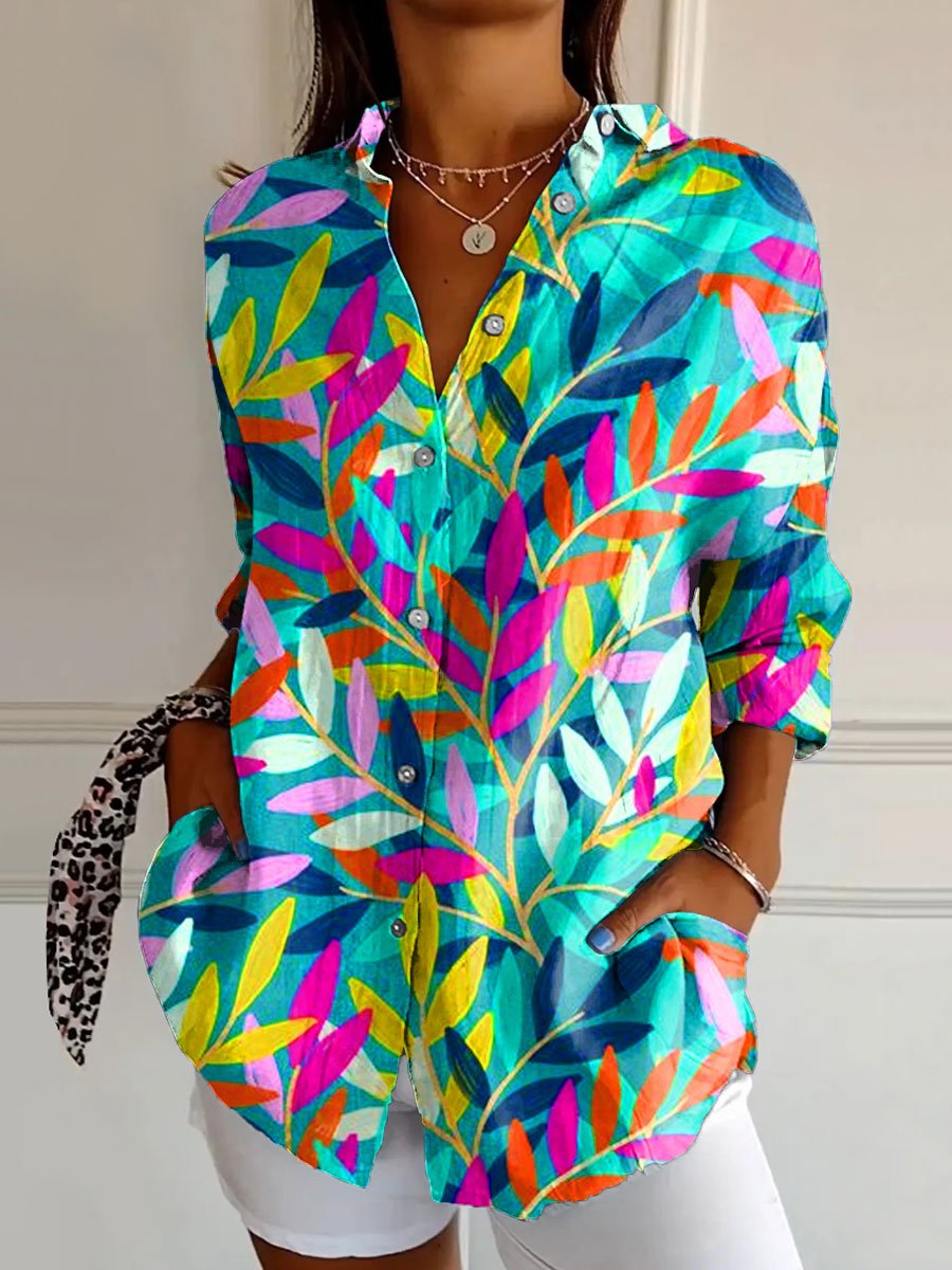 Women's Leave Print Casual Cotton Shirt