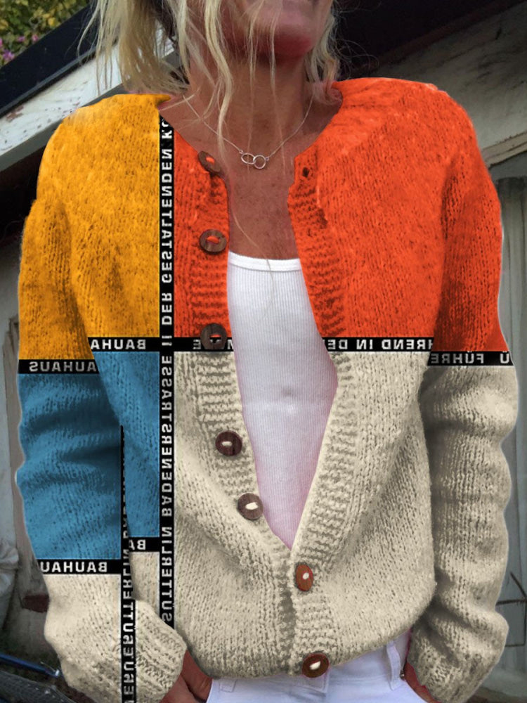 Retro Geometry Print Buttoned Cardigan Sweater