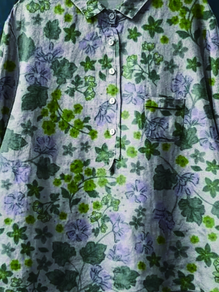 Sweet Retro Floral Garden Pattern Printed Women's Casual Cotton And Linen Shirt