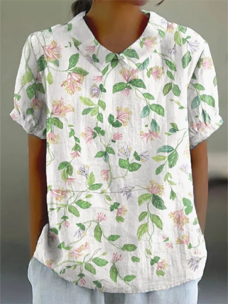 Women's  Flower  Art Print Casual Cotton And Linen Shirt