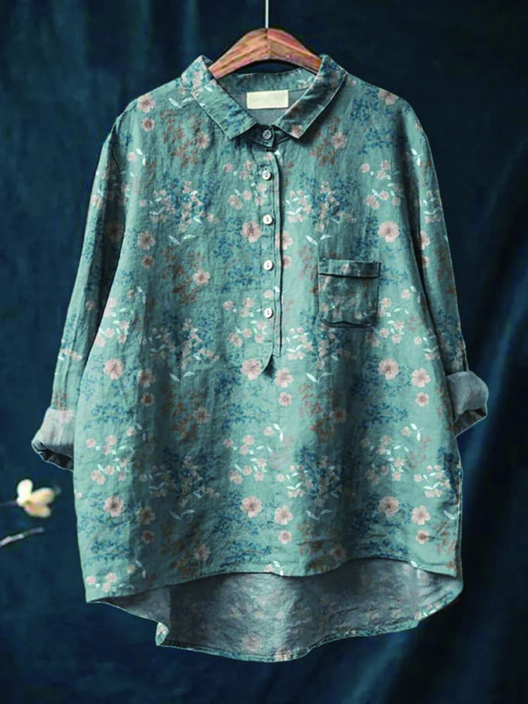 Vintage Petite White Floral Pattern Printed Women's Casual Cotton And Linen Shirt