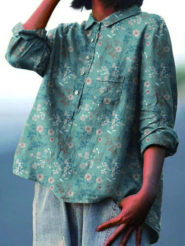 Vintage Petite White Floral Pattern Printed Women's Casual Cotton And Linen Shirt