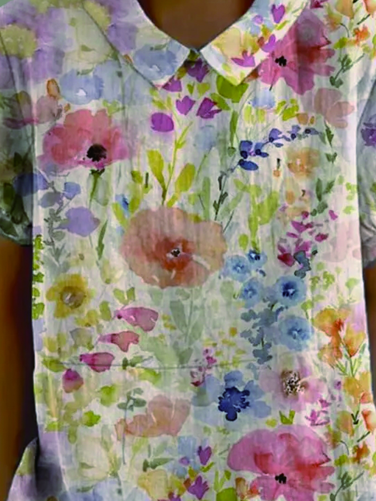 Women's Vintage Floral Watercolor Art Print Casual Cotton And Linen Shirt