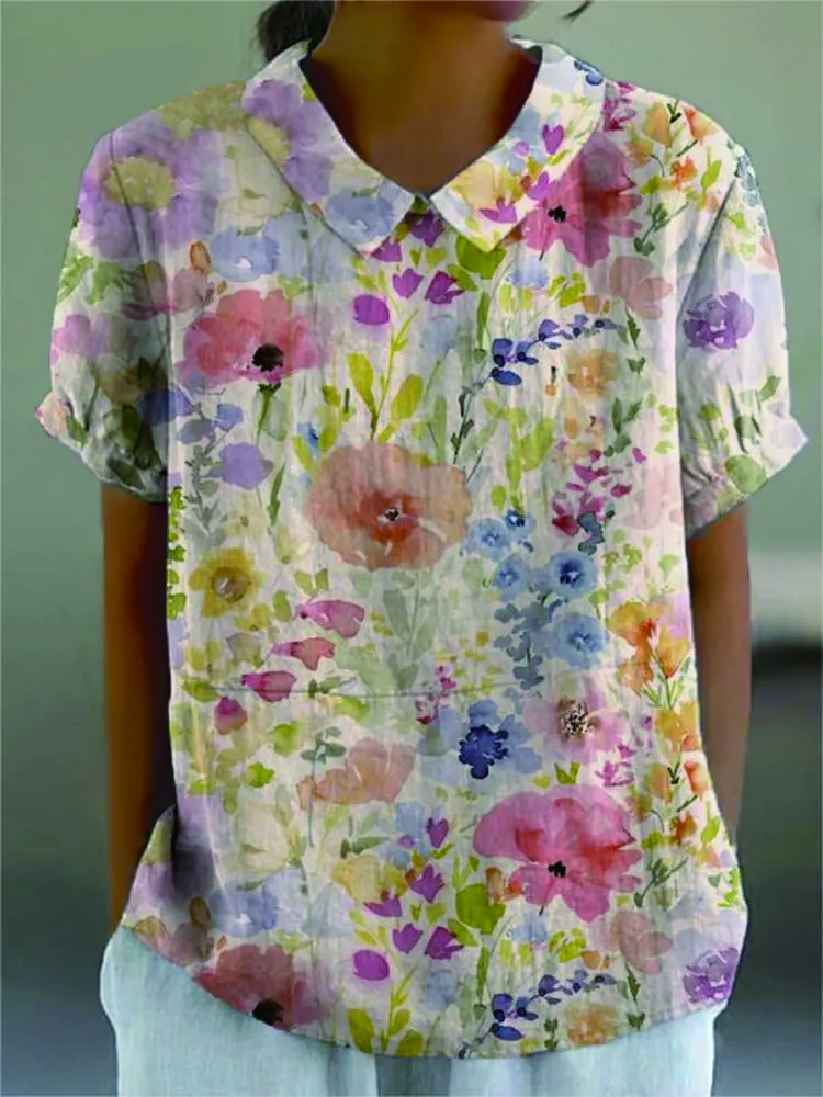 Women's Vintage Floral Watercolor Art Print Casual Cotton And Linen Shirt