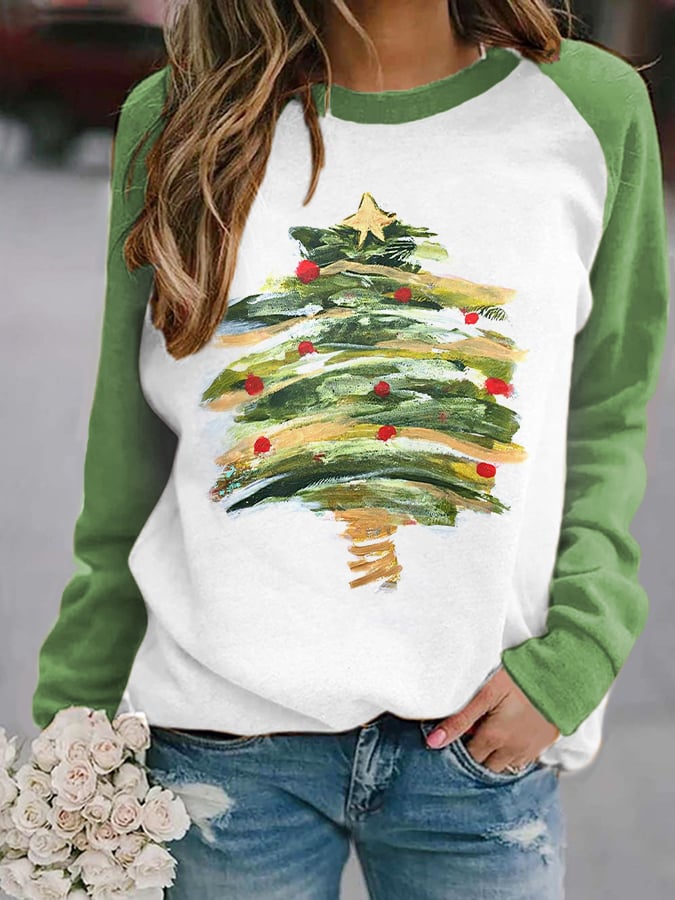 Women's Watercolor Christmas Tree Print Casual Sweatshirt