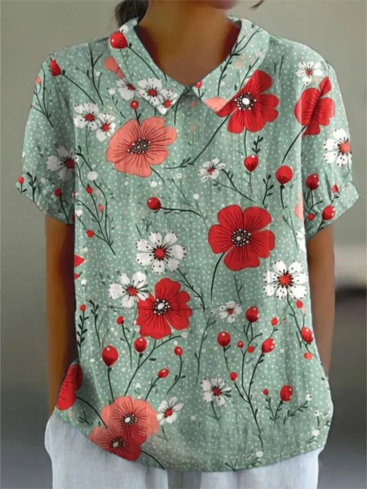 Women's Flower Art Print Casual Cotton And Linen Shirt