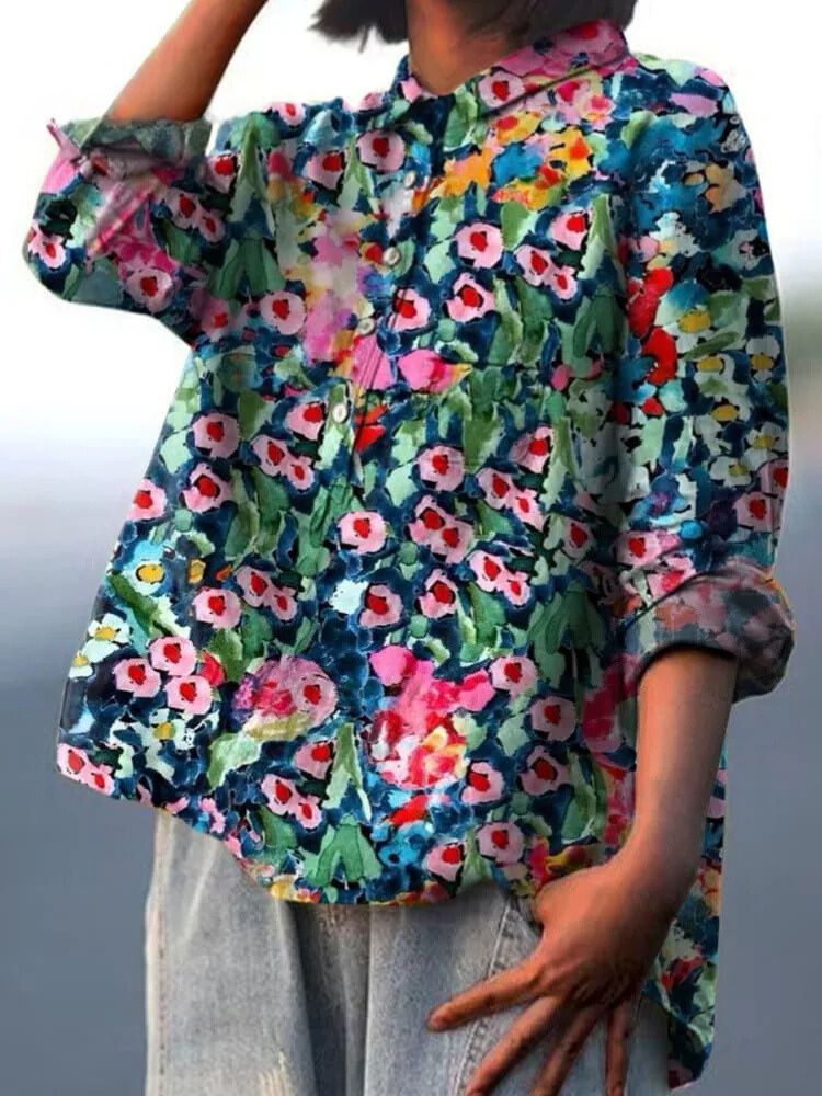 Women's Vintage Lovely Floral Art Print Casual Cotton And Linen Shirt