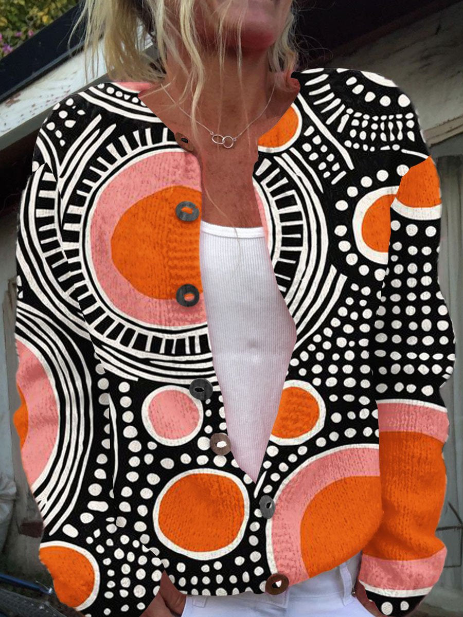 Retro Abstract Geometric Art Print Buttoned Casual Cardigan  Sweater