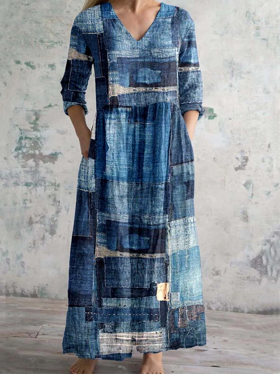 Women's V-Neck Denim Texture Printed Pattern Cotton And Linen Dress With Pockets