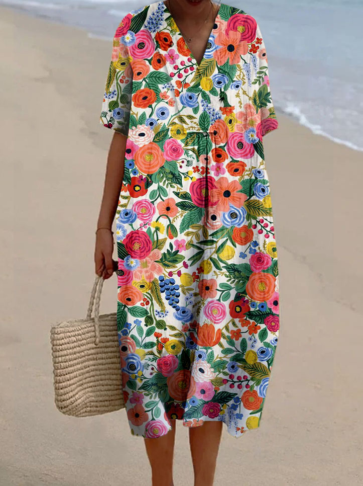 Women's Floral Colorblock Print Casual Cotton And Linen Dress