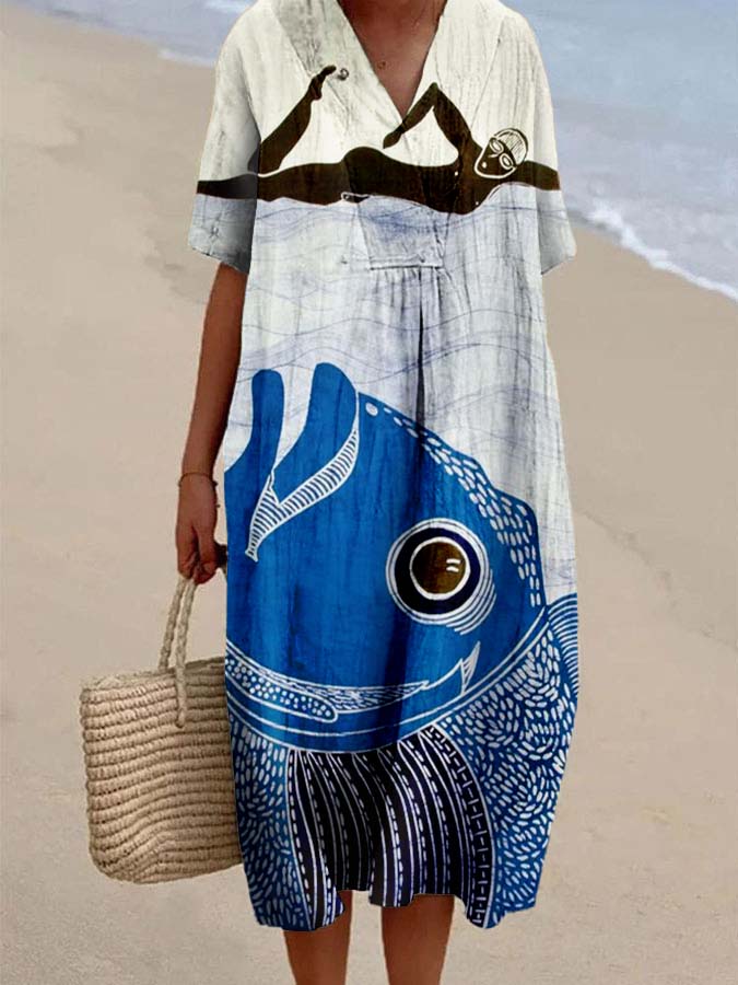 Women's Ocean Fish Print Casual Cotton And Linen Dress