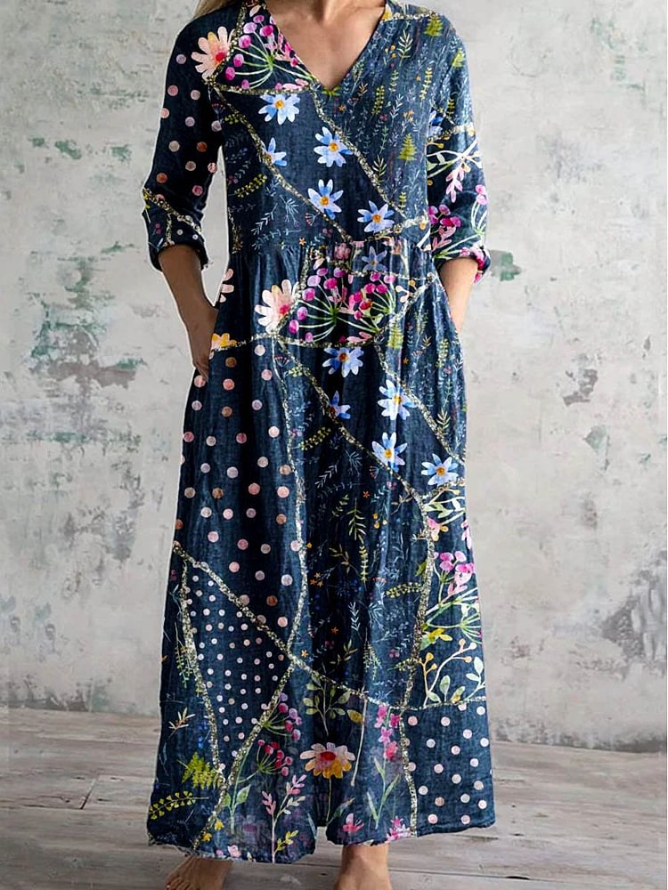Women's V-Neck Vintage Geometric Floral Print Dress With Pockets