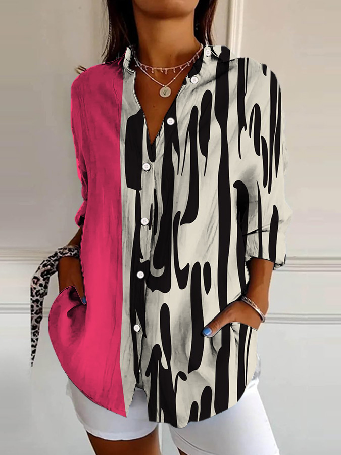 Women's Retro Colorblock Stripe Print Lapel Shirt