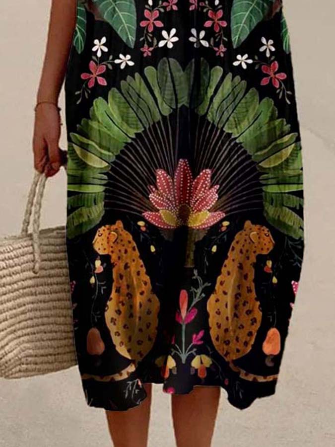 Women's Vintage Bird Abstract Print Casual Cotton And Linen Dress