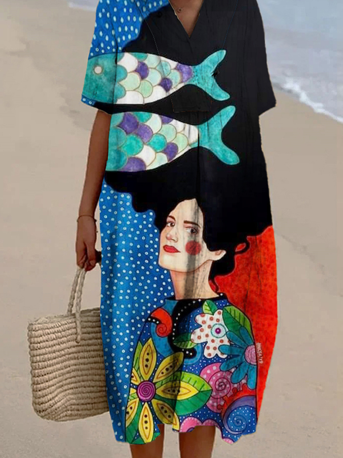 Women's Retro Abstract Colorblock Girls Fish Print Casual Cotton And Linen Dress