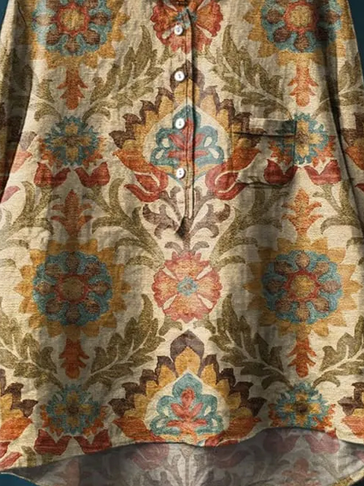 Women's Vintage Ethnic Floral Art Print Casual Cotton And Linen Shirt
