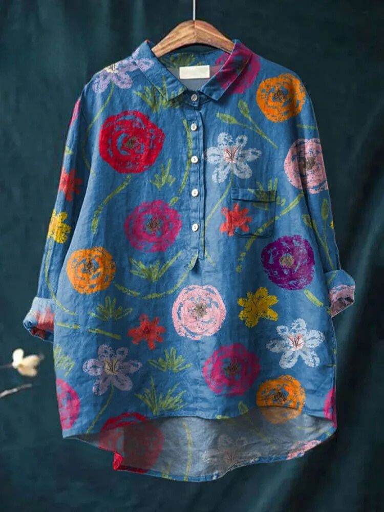 Women's  Vintage Flower Print Casual Cotton And Linen Shirt