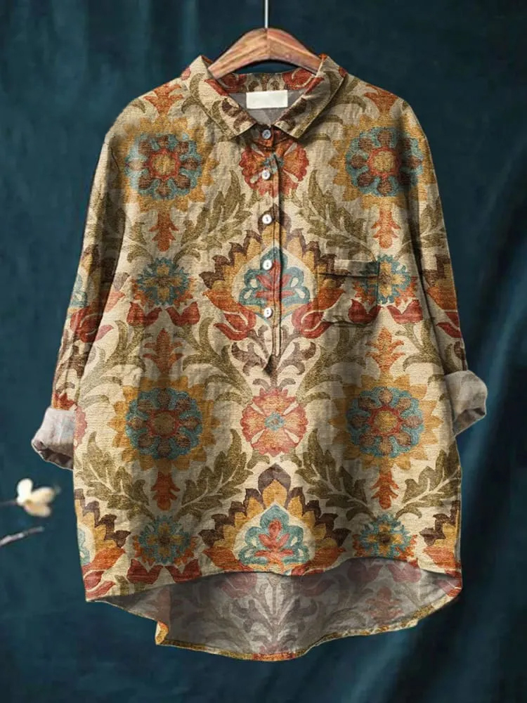 Women's Vintage Ethnic Floral Art Print Casual Cotton And Linen Shirt