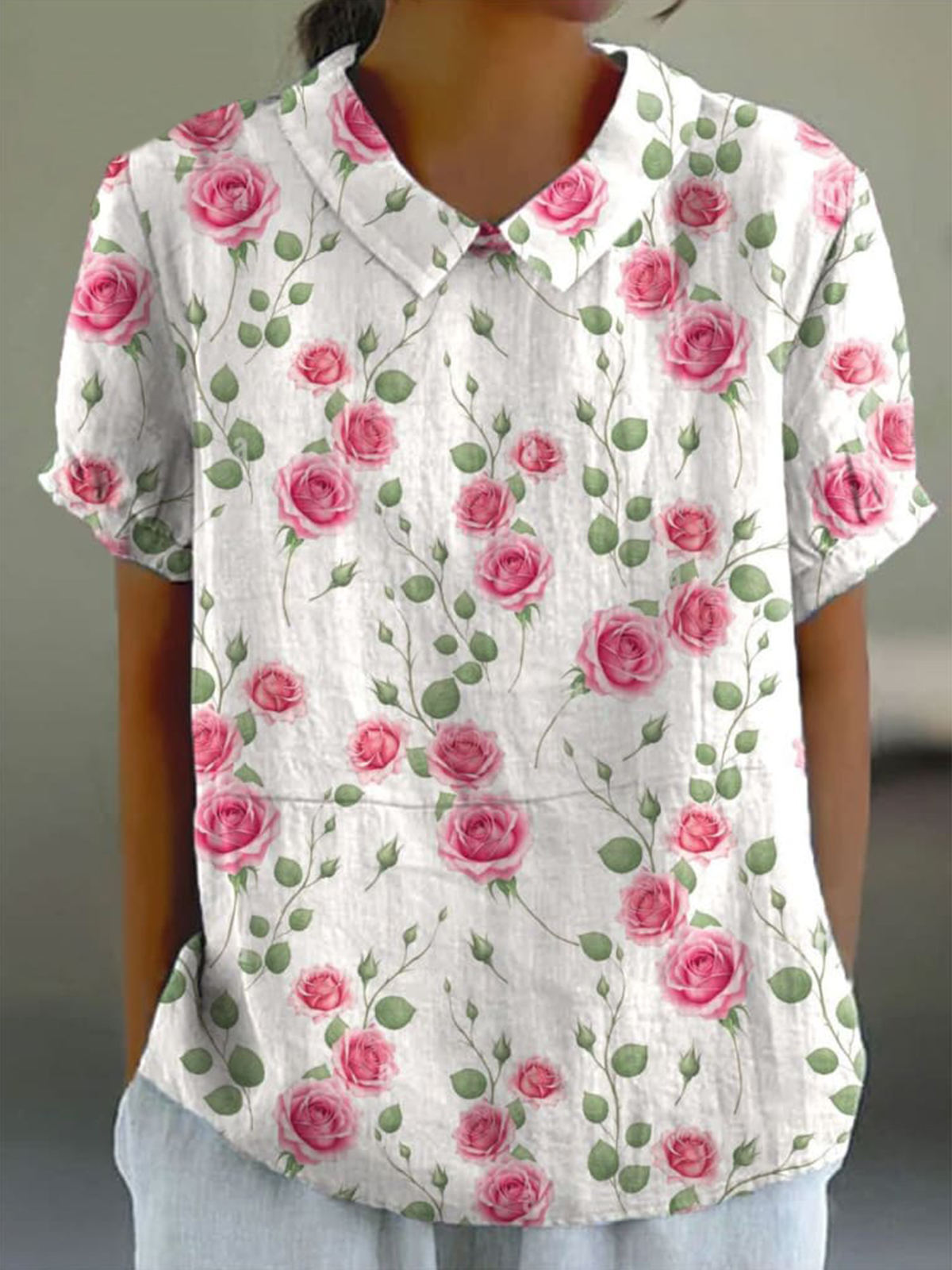 Women's Rose Flower Print Casual Cotton And Linen Shirt