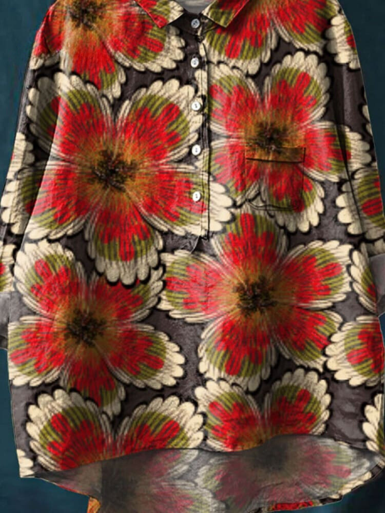 Vintage Lovely Floral Art Print Casual Cotton And Linen Shirt