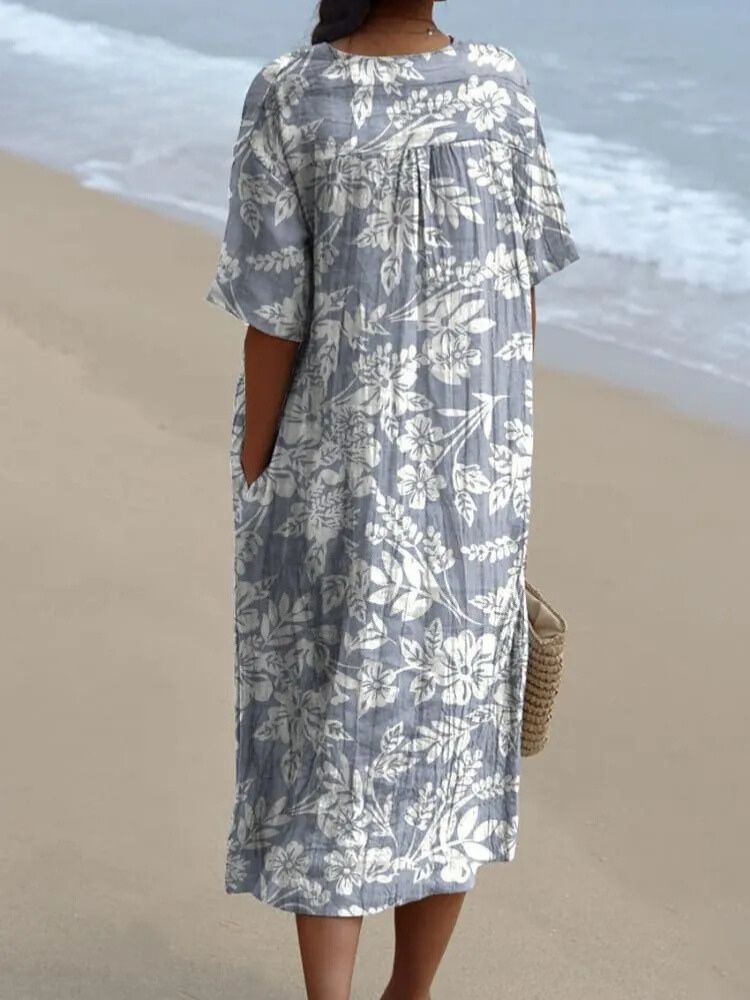Women's White Floral Print On Blue Background Print Pocket Linen Dress（Convertible Dress With Front And Back Option）
