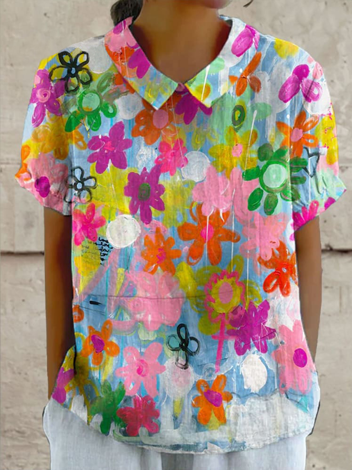 Women's Vintage Watercolor Flower Print Casual Cotton And Linen Shirt
