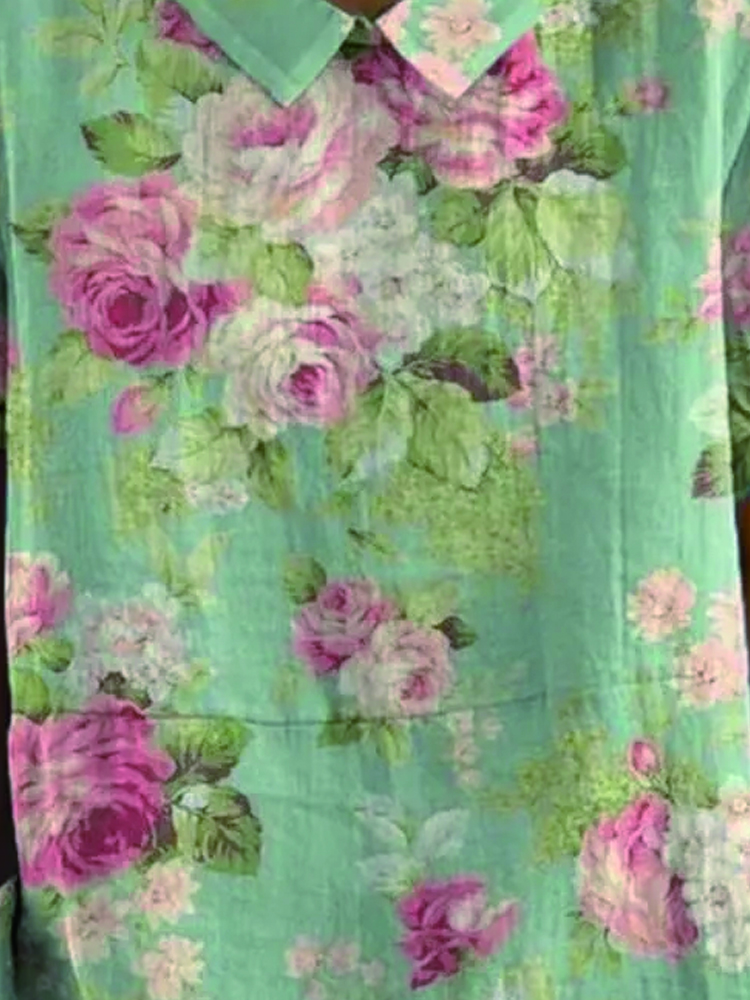 Women's Retro Floral Art Print Casual Cotton And Linen Shirt
