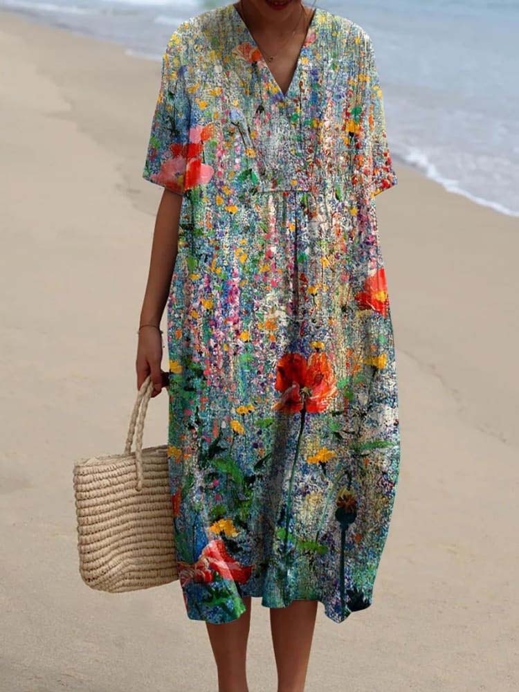 Women's Retro Floral Art Print Casual Flowy Dress