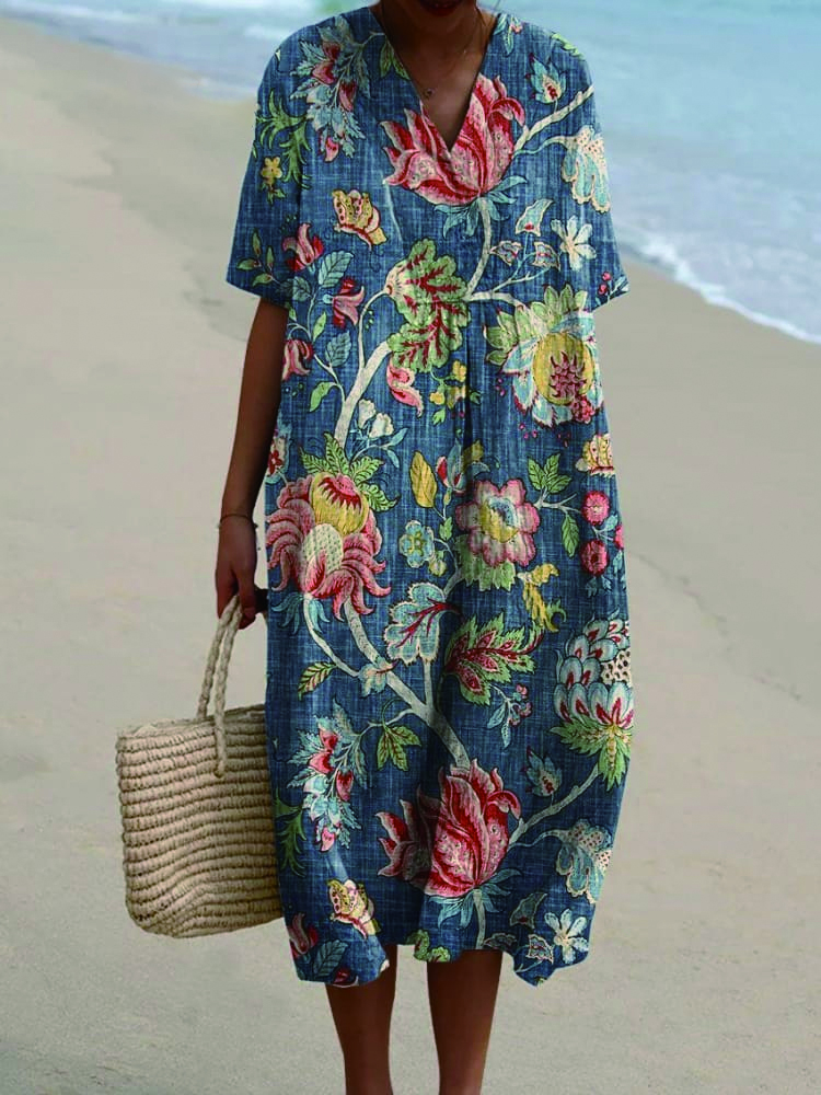 Women's Vintage Ethnic Floral Art Print Flowy Dress