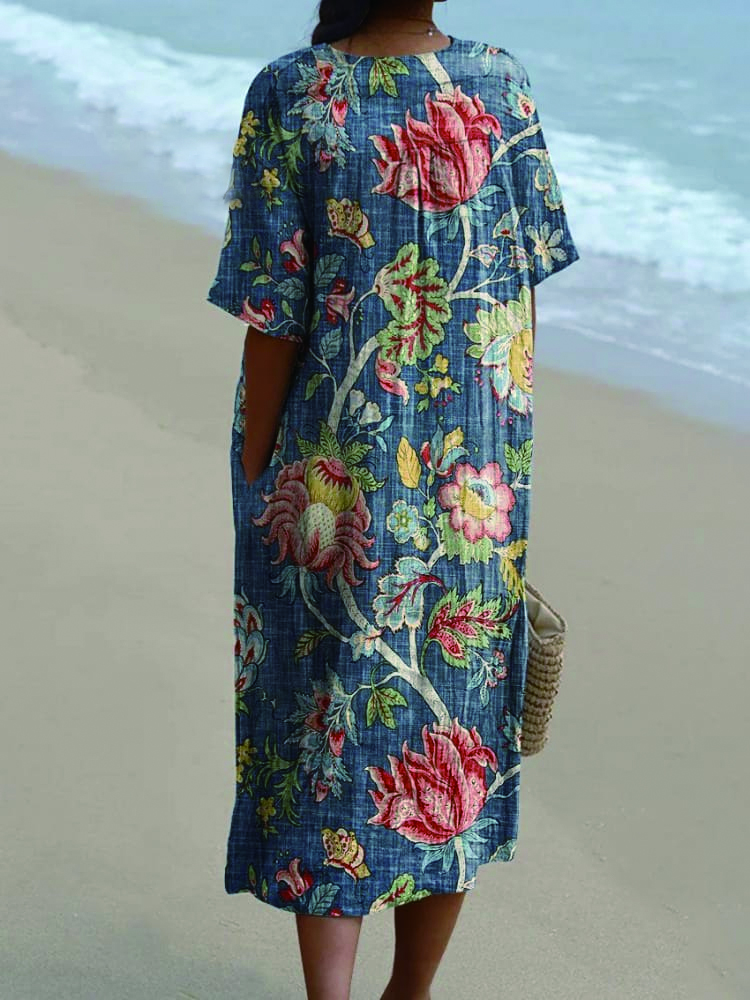 Women's Vintage Ethnic Floral Art Print Flowy Dress