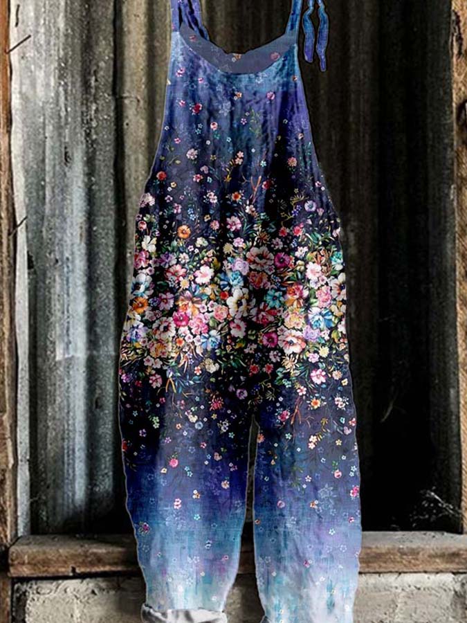 Women's Vintage Gradient Floral Print Casual Cotton and Linen Jumpsuit