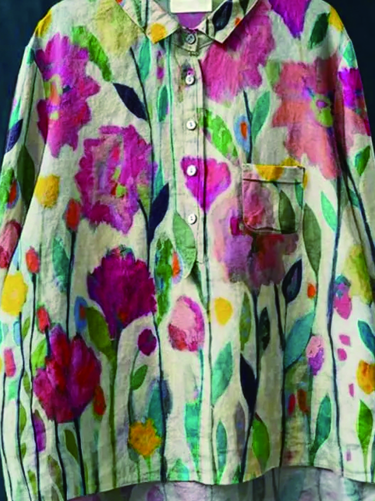 Women's Vintage Flower Art Print Casual Cotton And Linen Shirt