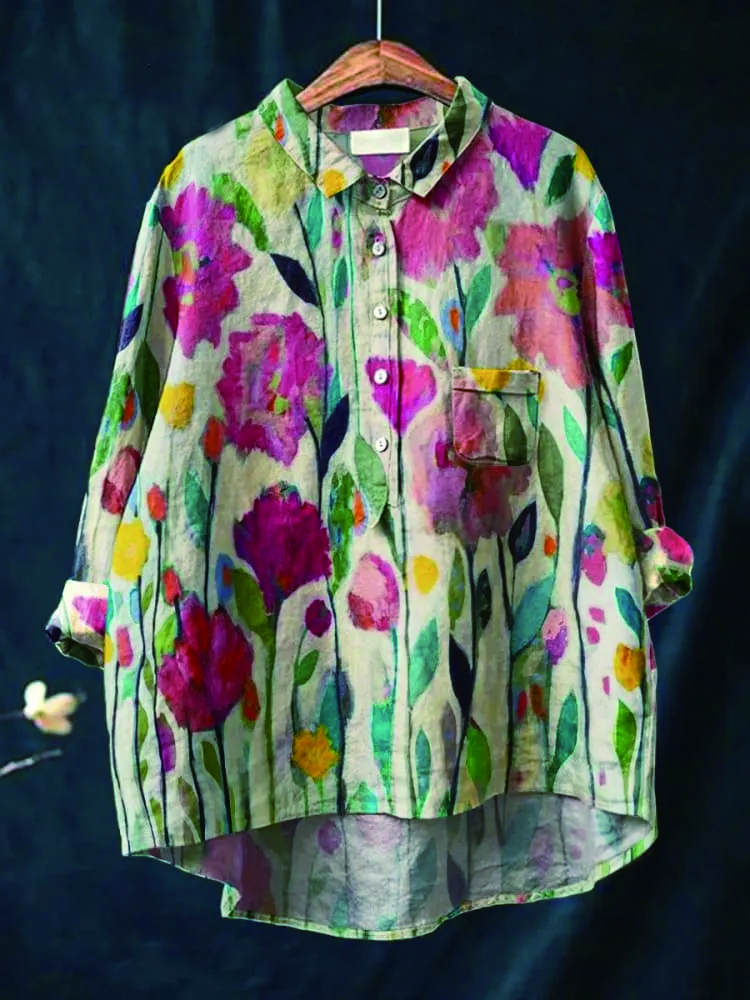 Women's Vintage Flower Art Print Casual Cotton And Linen Shirt