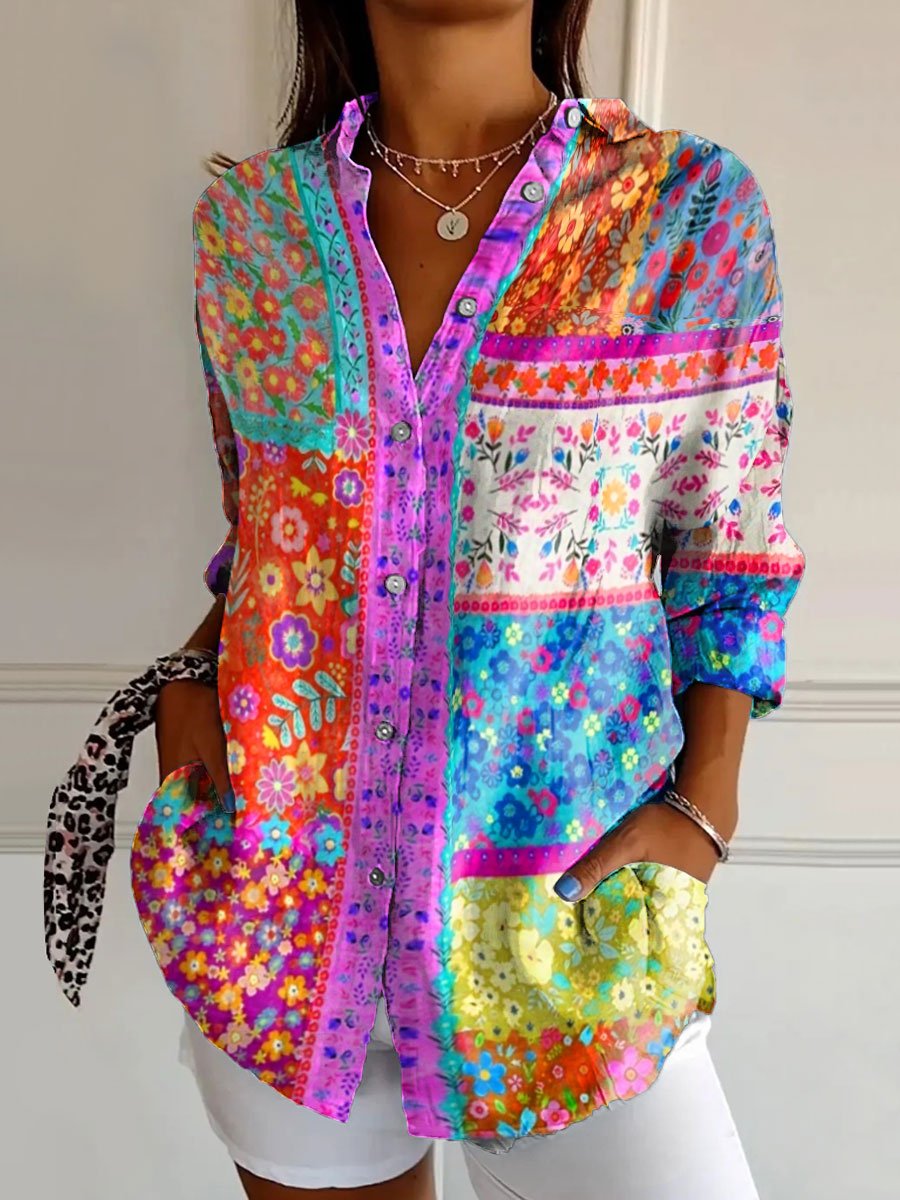Flower Art Printed Women's Casual Cotton Shirt