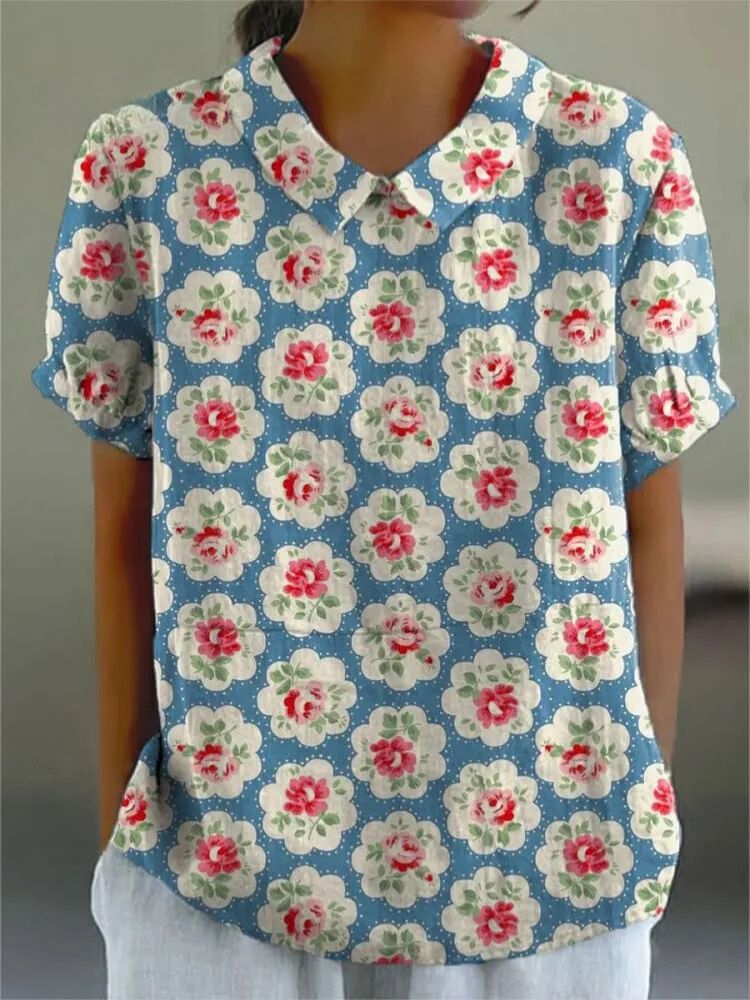 Women's Vintage Lovely Elegant Floral Art Print Casual Cotton And Linen Shirt