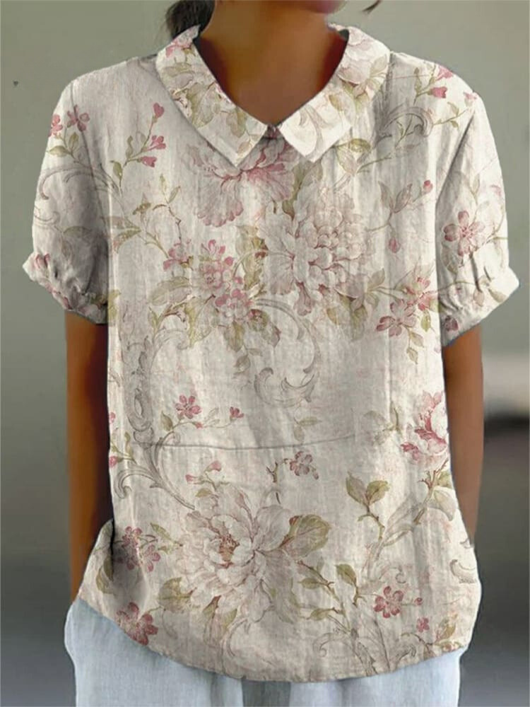 Women's Retro Floral Art Print Casual Cotton And Linen Shirt