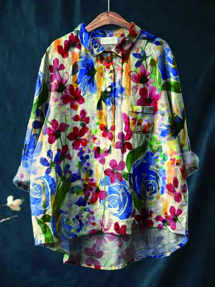Colorful Watercolor Floral Field Printed Women's Casual Cotton And Linen Shirt
