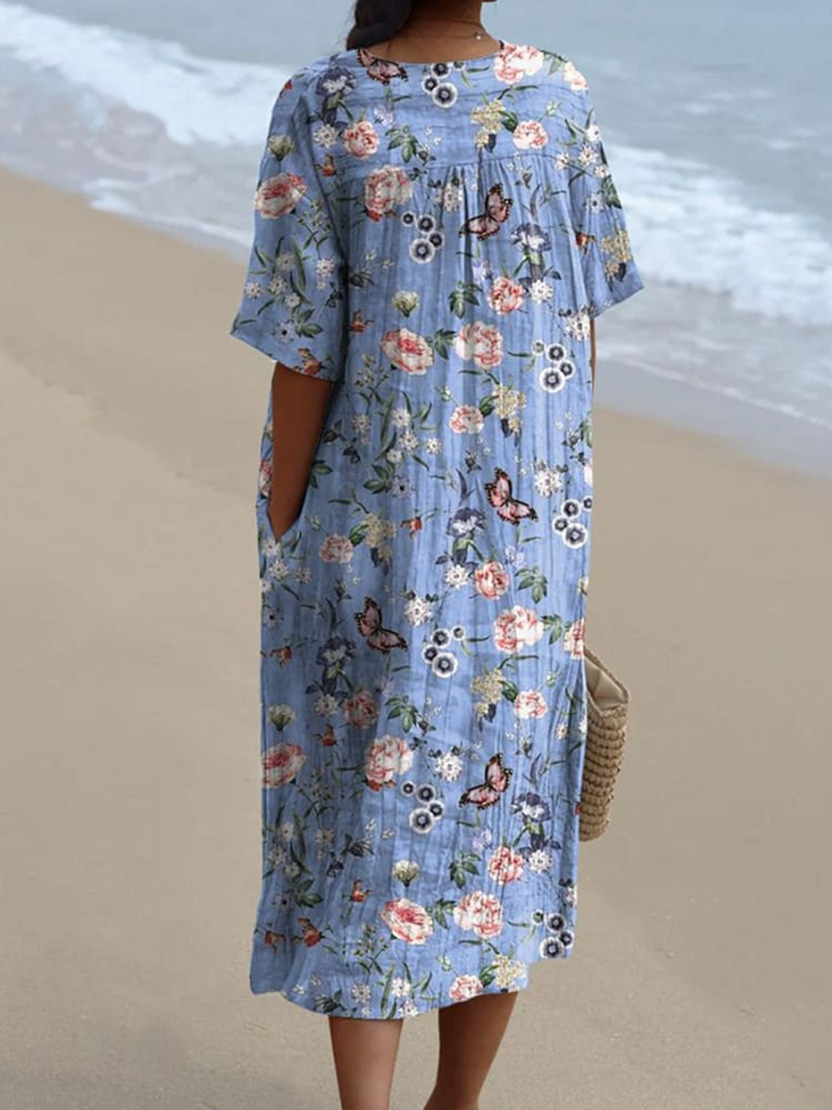 Spring Butterfly And Floral Pattern Printed Women's Flowy Dress