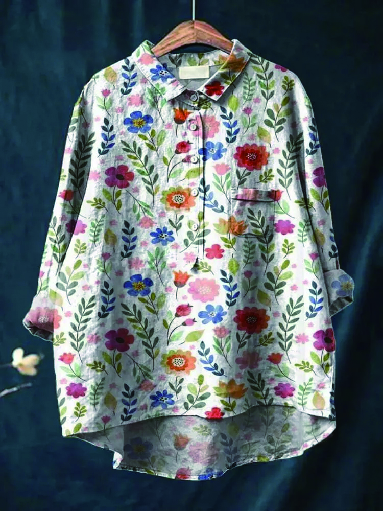 Women's Vintage Floral Art Print Casual Cotton And Linen Shirt