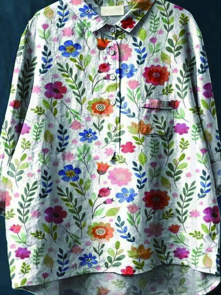 Women's Vintage Floral Art Print Casual Cotton And Linen Shirt