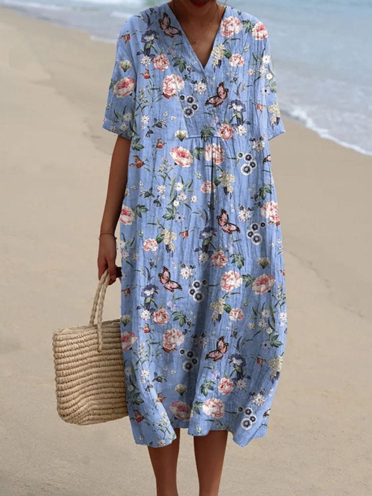Spring Butterfly And Floral Pattern Printed Women's Flowy Dress