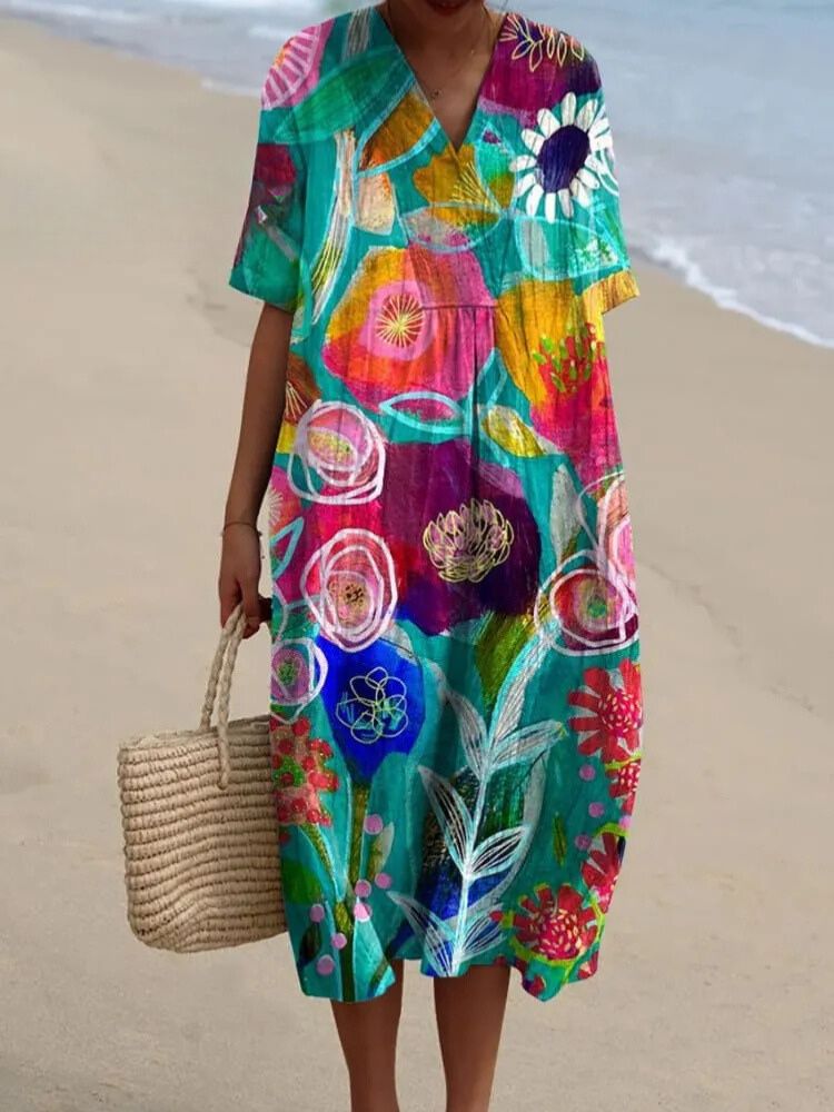 Women's Vintage Lovely Floral Art Print Flowy Dress