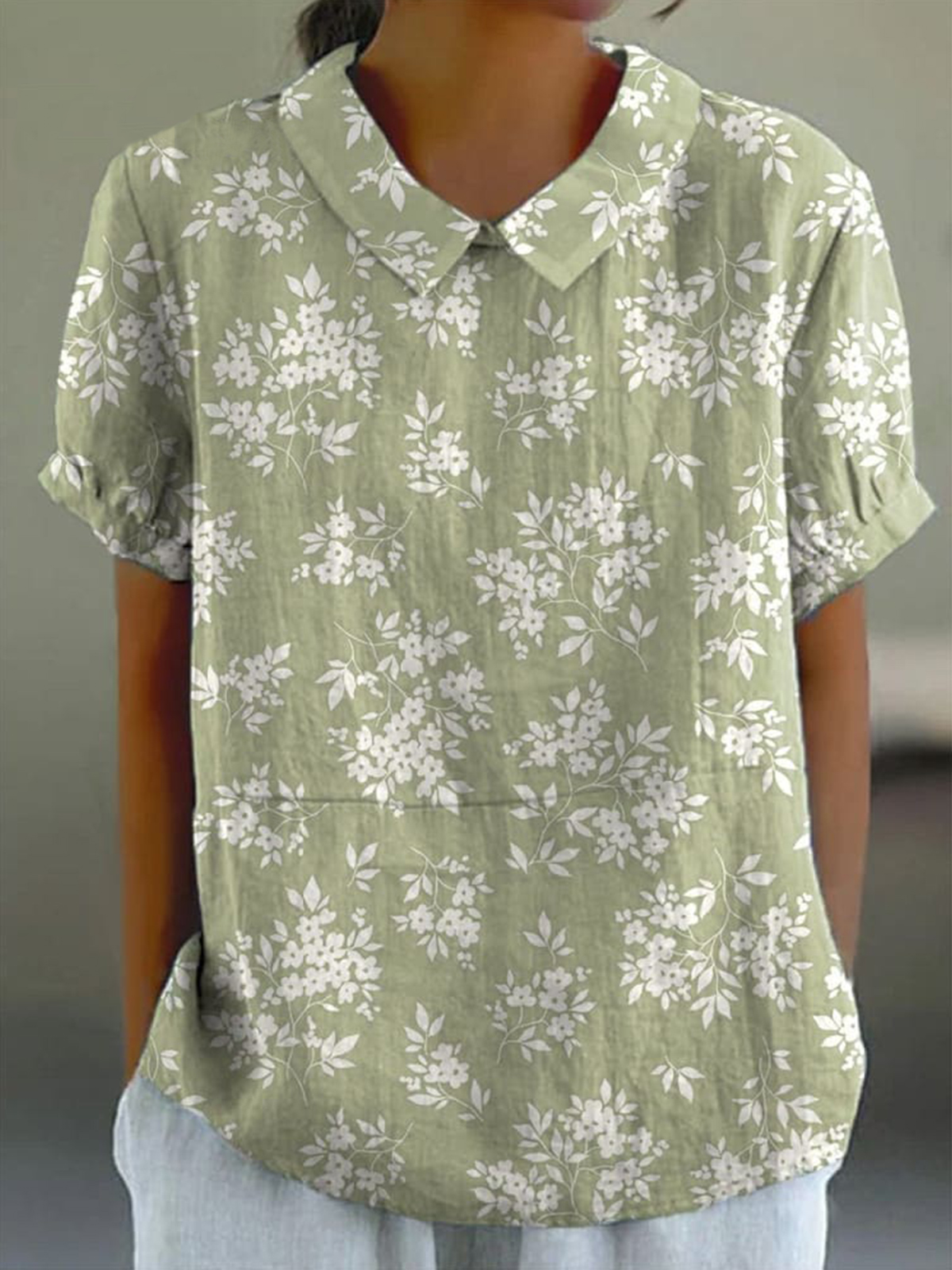 Spring Floral Silhouette Repeat Pattern Printed Women's Casual Cotton And Linen Shirt