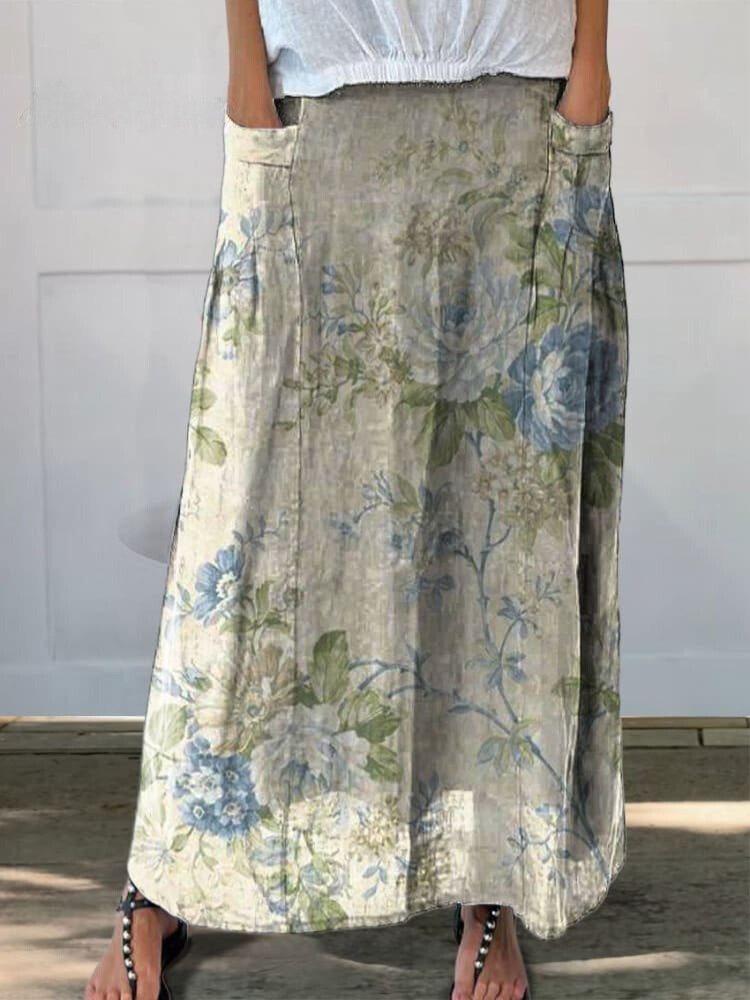 Women's Retro Floral Art Casual Linen Pocket Skirt