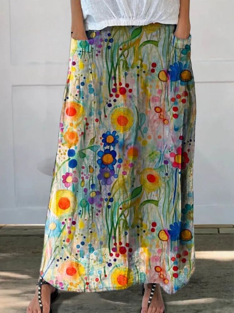Women's Vintage Floral Watercolor Art Printed Linen Pocket Skirt