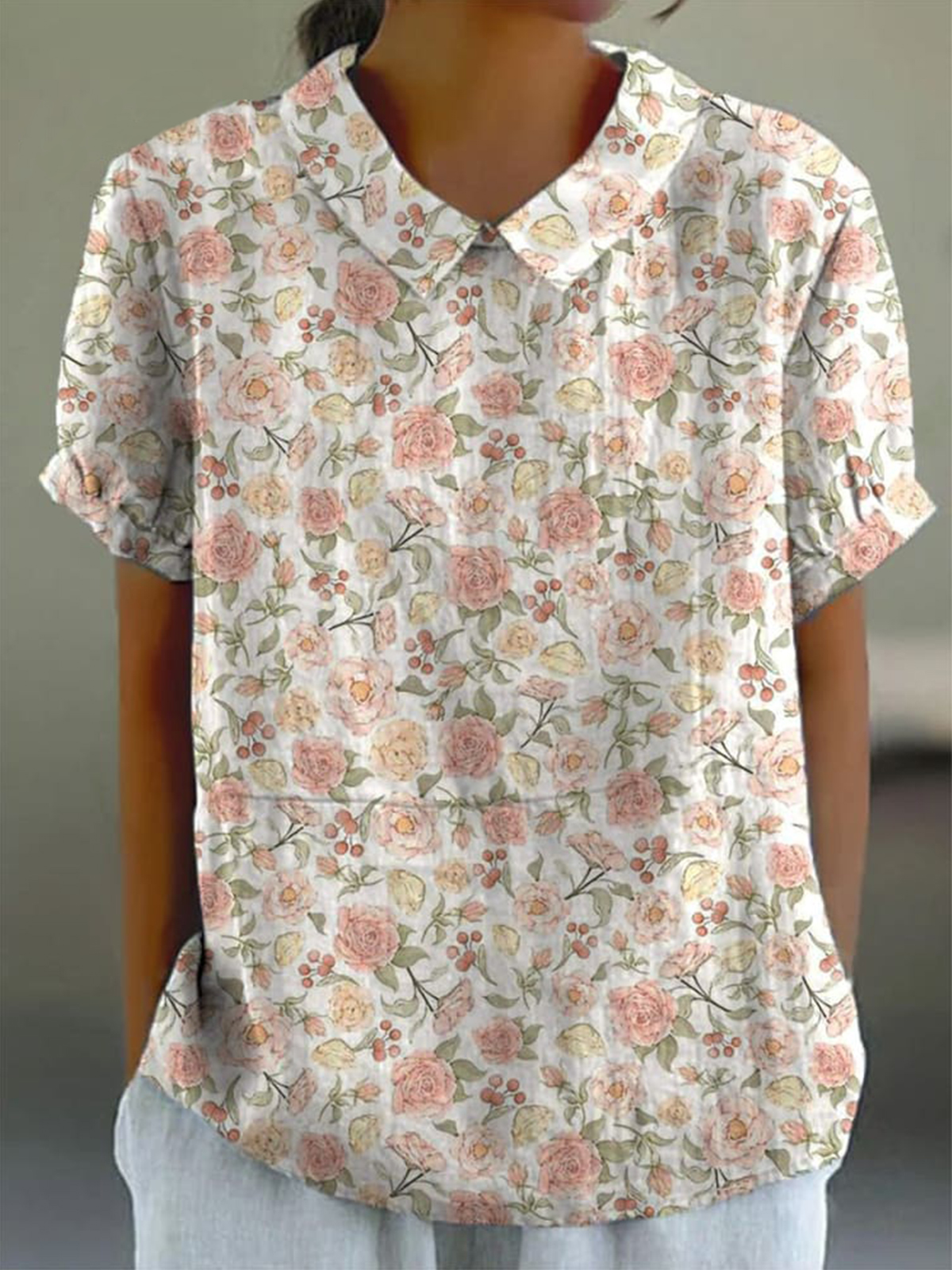 Spring Rose And Camellia Floral Pattern Printed Women's Casual Cotton And Linen Shirt