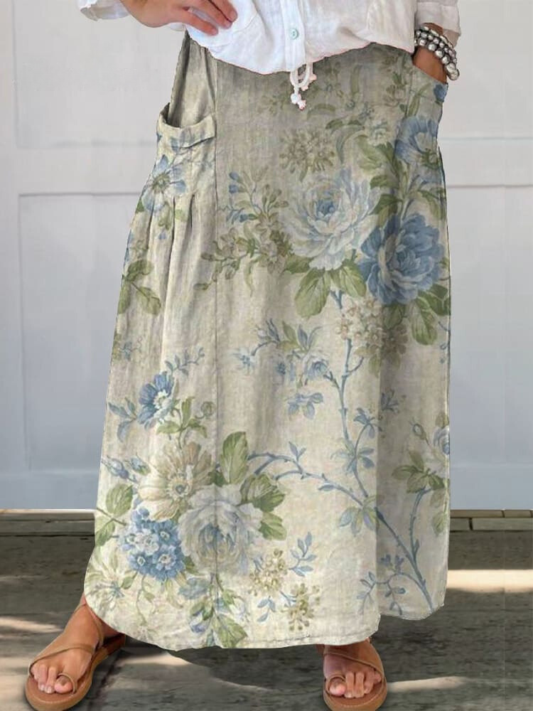 Women's Retro Floral Art Casual Linen Pocket Skirt