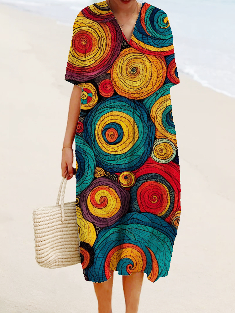 Women's Vintage Abstract Pattern Art Print Casual Cotton And Linen Dress