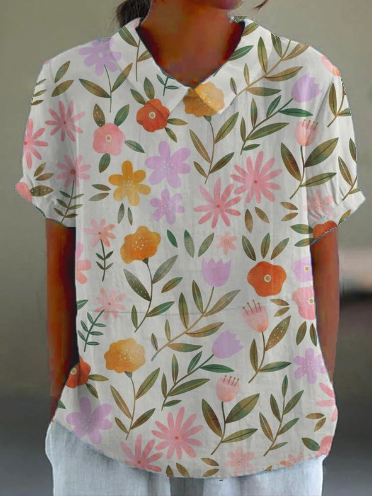 Women's Flower Print Casual Cotton And Linen Short Sleeve Shirt